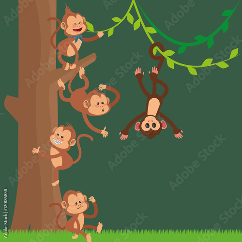 flat design happy playful  jungle monkeys hanging cartoon vector illustration 