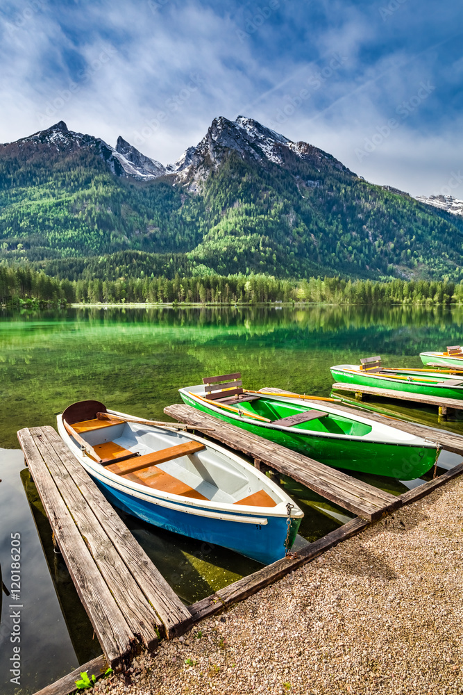Colorful boats on the lake Hintersee in the Alps, Germany