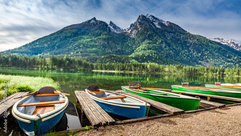 Boats on the lake Hintersee in the Alps, Germany