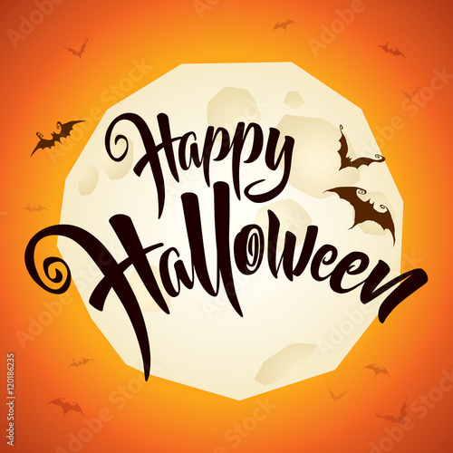 Happy Halloween vector lettering with full moon