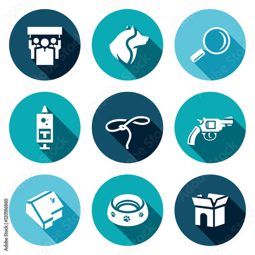 Vector Set of Animal Protection Icons. Protest, Animal, Search, Vaccination, Catching, Shooting, House, Food, Wandering.