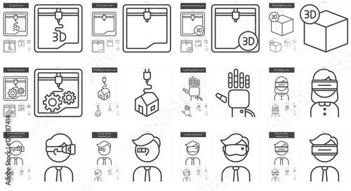 Virtual reality and 3D technology line icon set.