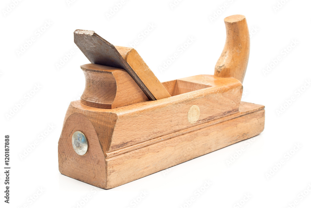 Plane old wooden jointer tool isolated on white Plane old wooden jointer tool isolated on white
