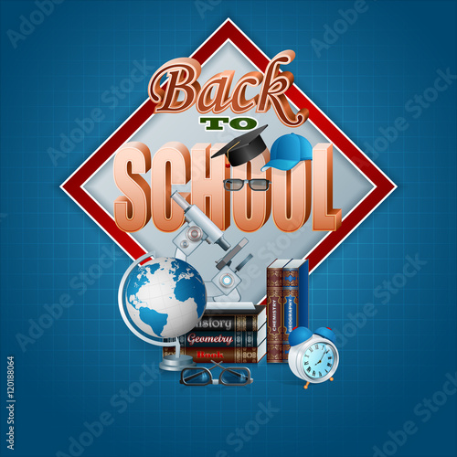 Back to school design  background with school supplies and 3d text   Vector illustration 
