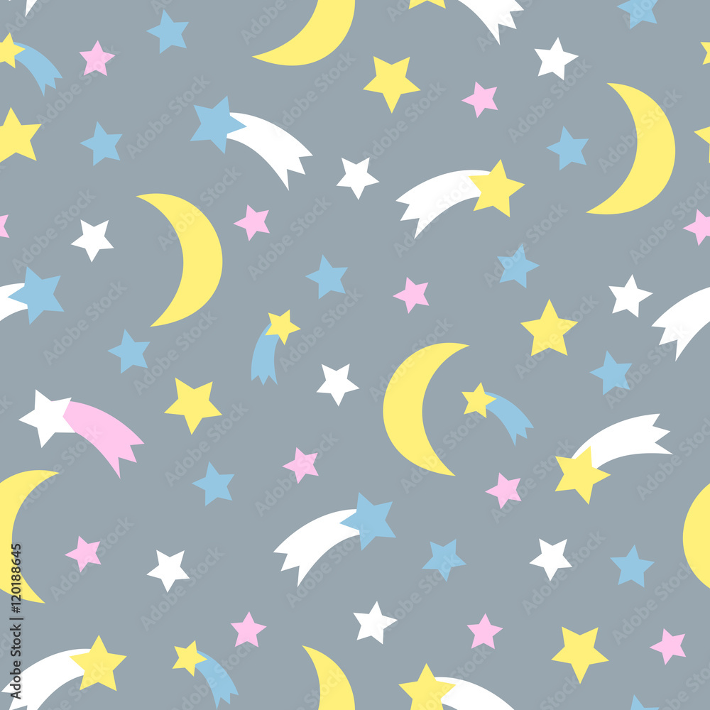 Starry sky seamless pattern. Child drawing style background with stars, comet, moon, meteorite.