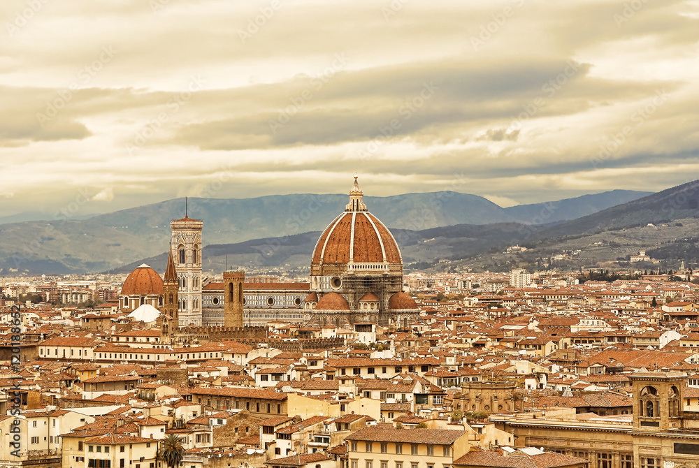 View of the historic center of  Florence Italy from viewing point on Piazzale Michelangelo. Florence is the capital city of the Italian region of Tuscany    