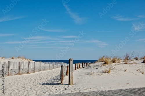 Sunny beach day, waves crashing and blue skies 
