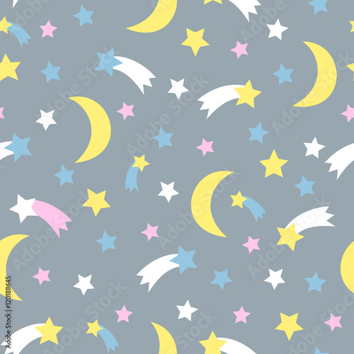 Starry sky seamless pattern. Child drawing style background with stars, comet, moon, meteorite.