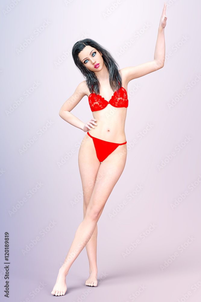 Young beautiful sexy girl in red lingerie. Woman standing in full body in candid provocative pose. Conceptual fashion art. Isolate. Studio, high key. Photorealistic 3D rendering illustration.