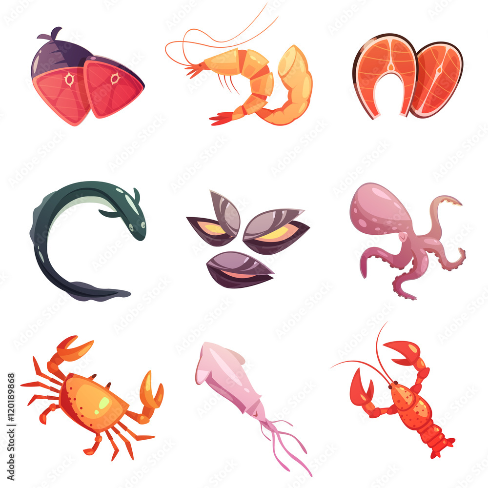Sea Food Retro Cartoon Icons Set Sea Food Retro Cartoon Icons Set
