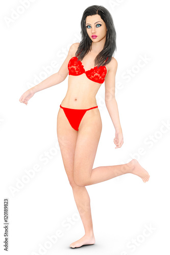 Young beautiful sexy girl in red lingerie. Woman standing in full body in candid provocative pose. Conceptual fashion art. Isolate. Studio  high key. Photorealistic 3D rendering illustration.