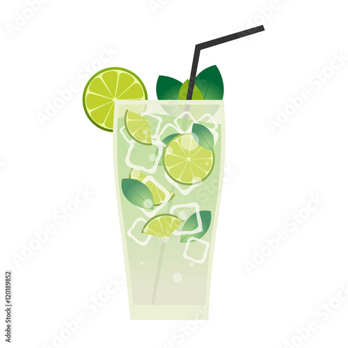 Fresh mojito with lime and green mint leaves in stylized glass.