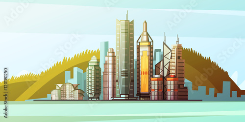 Cartoon Panorama Of Hong Kong Center