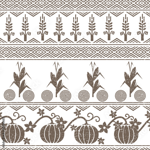 Stylized seamless background with wheat, corn, pumpkins, and native american indians symbols.