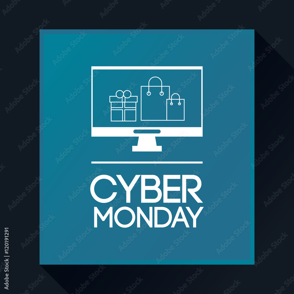 Shopping bag computer and gift icon. Cyber Monday ecommerce and market theme. Vector illustration