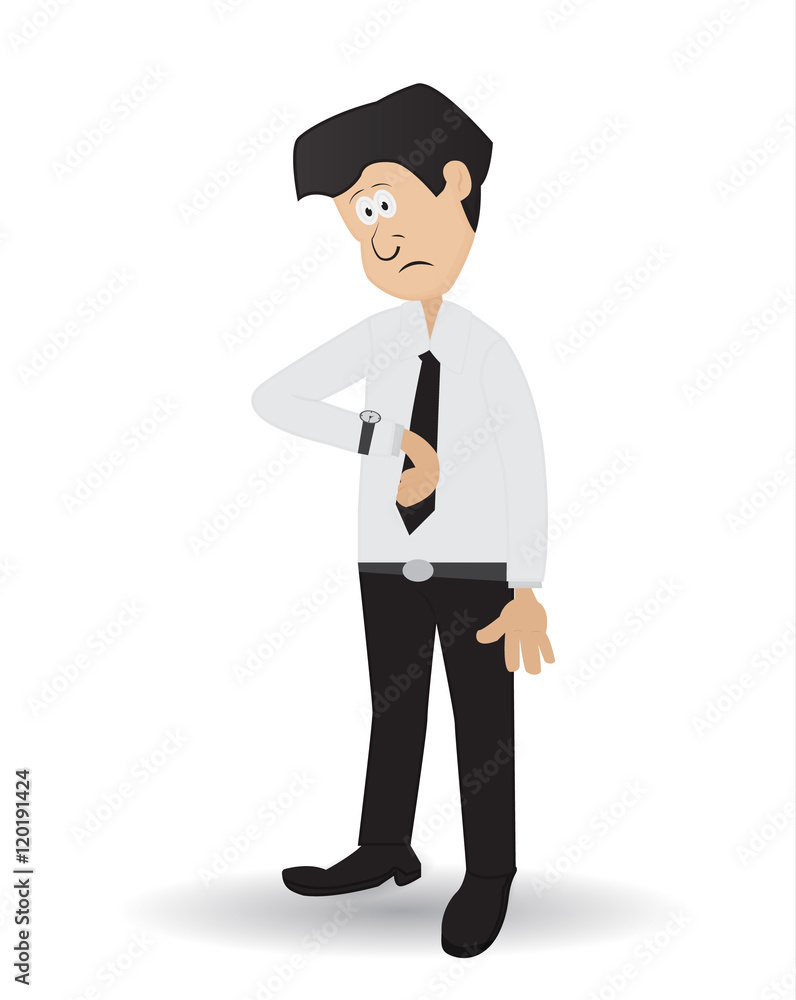 Cartoon businessman sad looking at his watch Isolated
Cartoon businessman sad looking at his watch Isolated