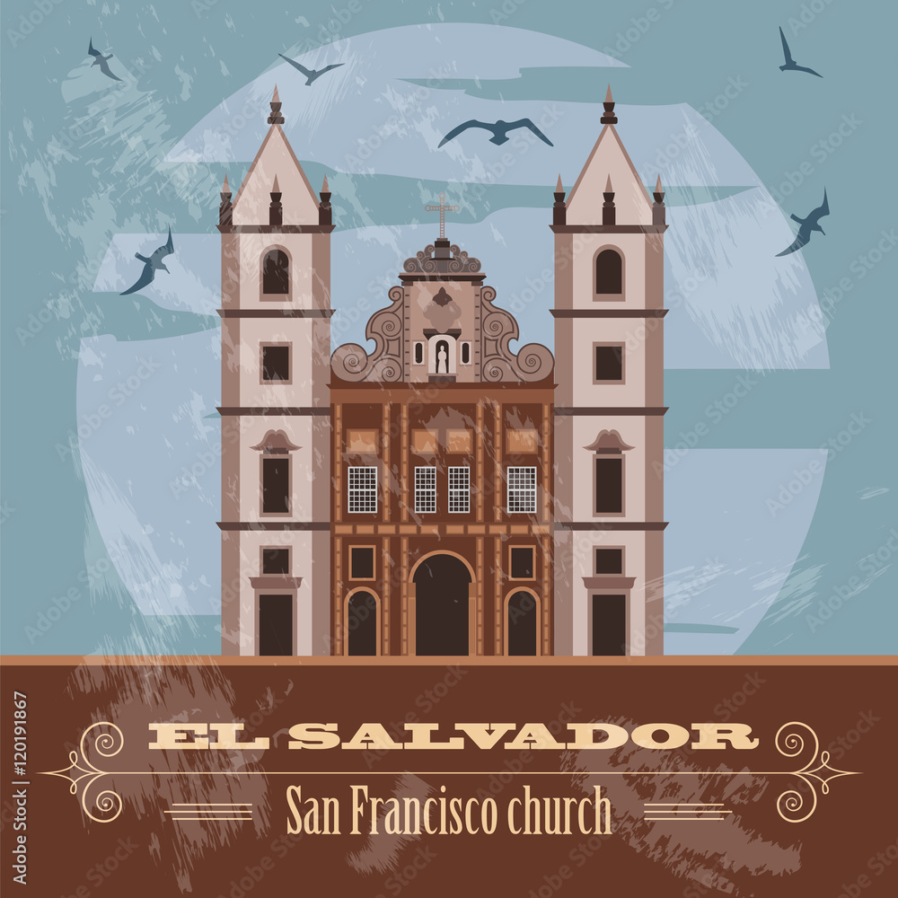 El Salvador landmarks. San Francisco church. Retro styled image