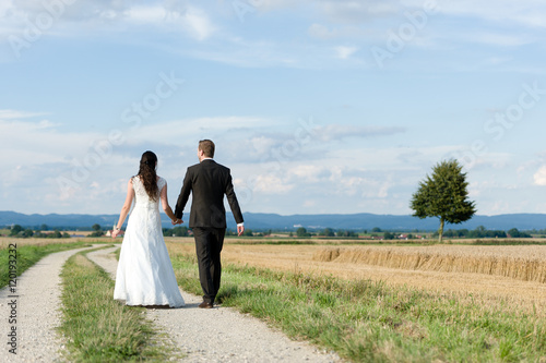 Brautpaar geht Hand in Hand auf einem Feldweg, Rückenansicht