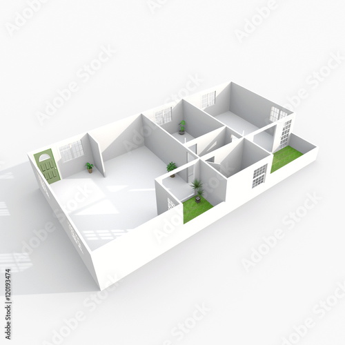3d interior rendering perspective view of empty paper model home apartment