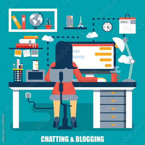 Flat concept of social network, chatting and blogging