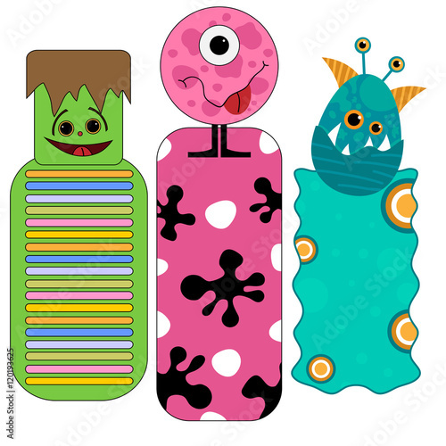 Cute and funny colorful halloween tags or bookmarks with monsters isolated over white background