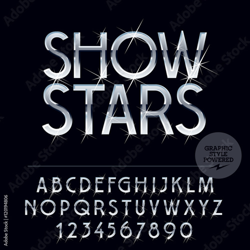 Silver glossy vector set of letters, symbols and numbers with sparkles