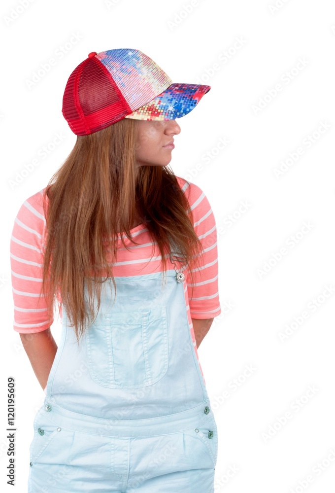 Red-haired teen girl in shorts. isolated on white background Red-haired teen girl in shorts. isolated on white background
