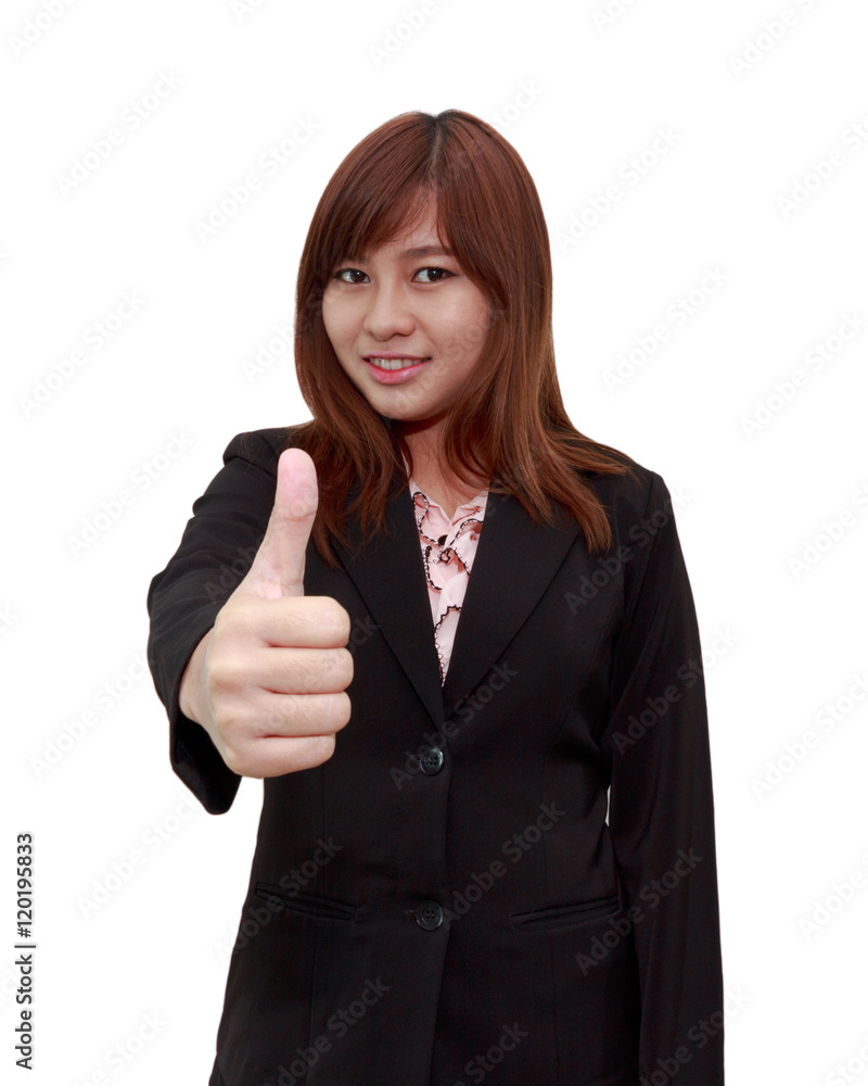Smiling businesswoman holding thumps up isolated on white background Smiling businesswoman holding thumps up isolated on white background