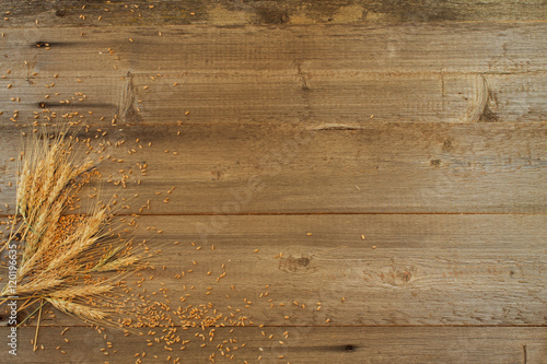 wheat ears with grains on the wooden background