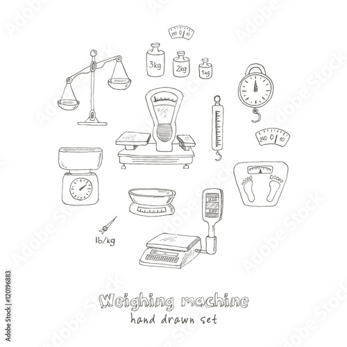 Doodle weighing machine set tools vector