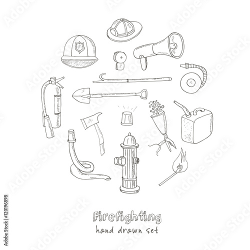 Doodle fire fighting tools set Vintage illustration