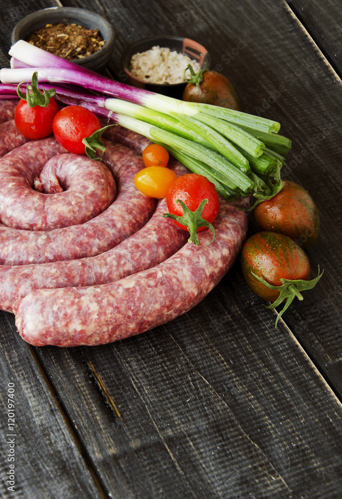 raw beef sausages pan, selective focus raw beef sausages pan, selective focus