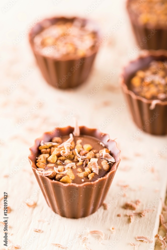 Few chocolate cupcakes with nuts and sweet shavings Few chocolate cupcakes with nuts and sweet shavings