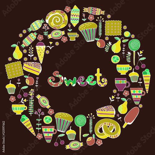 
Hand drawn sweets and candies set. Colorful Vector illustration.