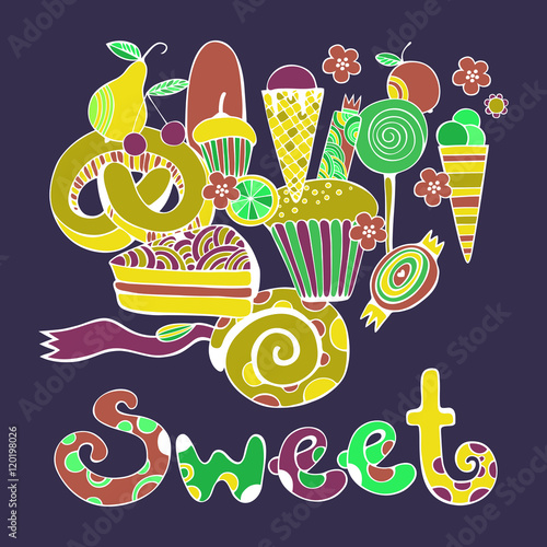 
Hand drawn sweets and candies set. Colorful Vector illustration.