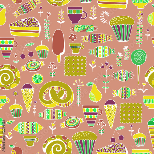 Hand drawn sweets and candies set. Colorful Vector Seamless Pattern.