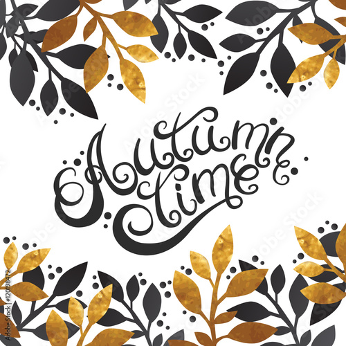 Vintage card with autumn leaves gold texture and lettering 