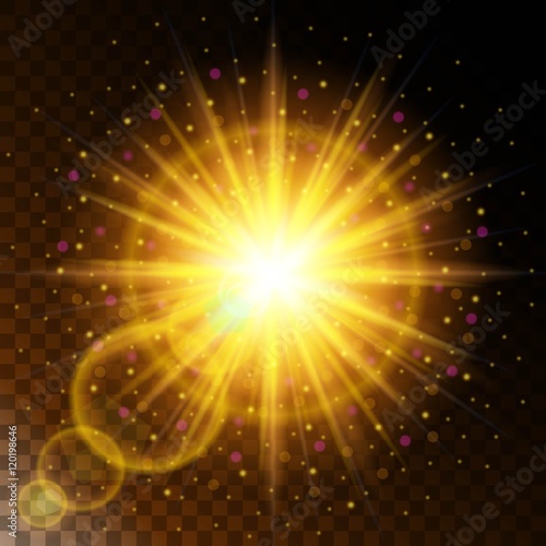 Set of glowing light effect star, the sunlight warm yellow glow with sparkles on a transparent background. Vector illustration