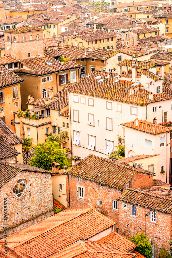 Top view on the old buildings in the old town of Lucca in Italy
