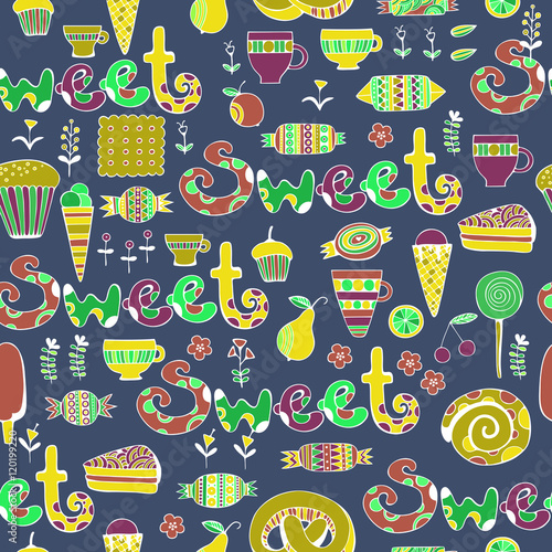 Hand drawn sweets and candies set. Colorful Vector Seamless Pattern.