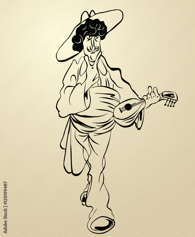 street musician mandolin, cartoon sketch man big mustache wearing hat