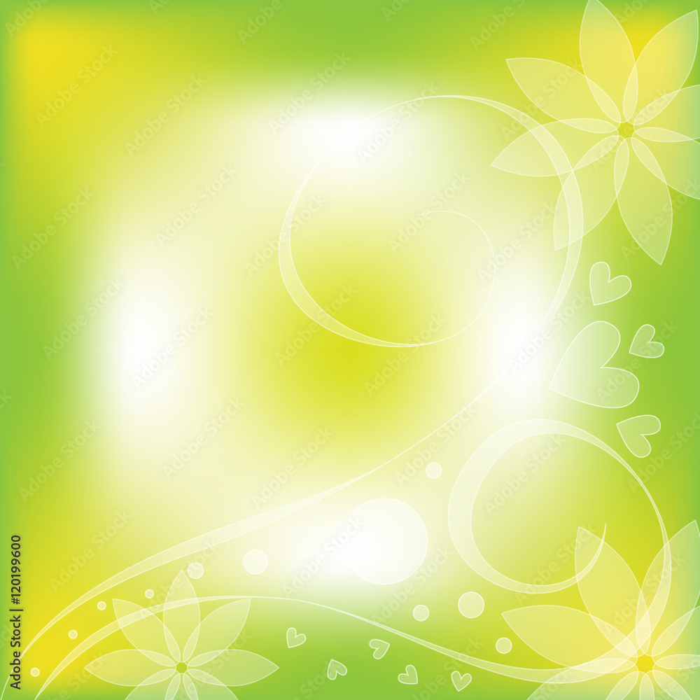 Beautiful green and white background with flowers and hearts Beautiful green and white background with flowers and hearts