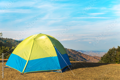 Tourist tent camping with sunshine in wilderness