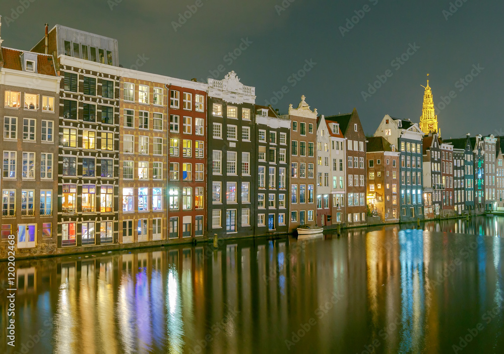 Amsterdam. Night view of the houses along the canal.