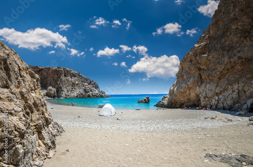 Agiofarago beach, Crete island, Greece. Agiofaraggo is one of the most beautiful beaches in Crete. It is surrounded by cliffs and rocks.