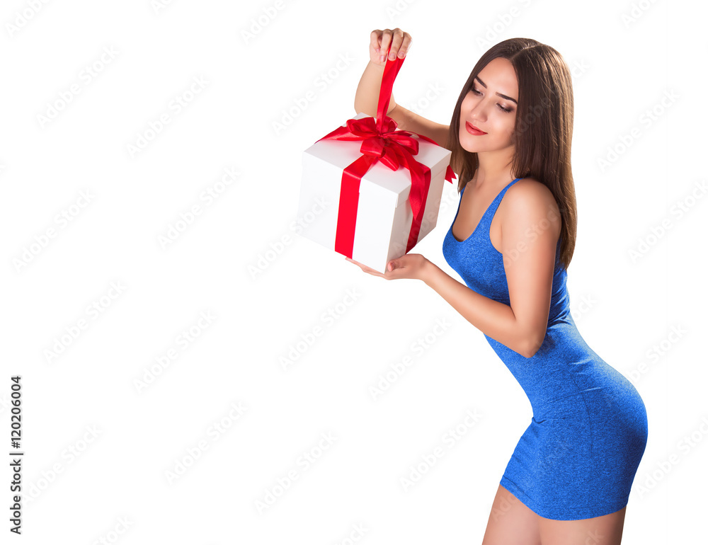 Beautiful young brunette woman with a gift box, isolated on white. Girl opens a gift box Beautiful young brunette woman with a gift box, isolated on white. Girl opens a gift box