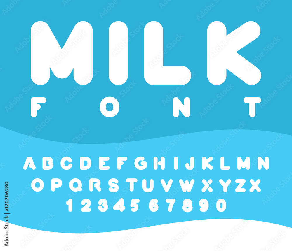Milk font. Rounded alphabet. Soft letters. ABC for dairy product vector