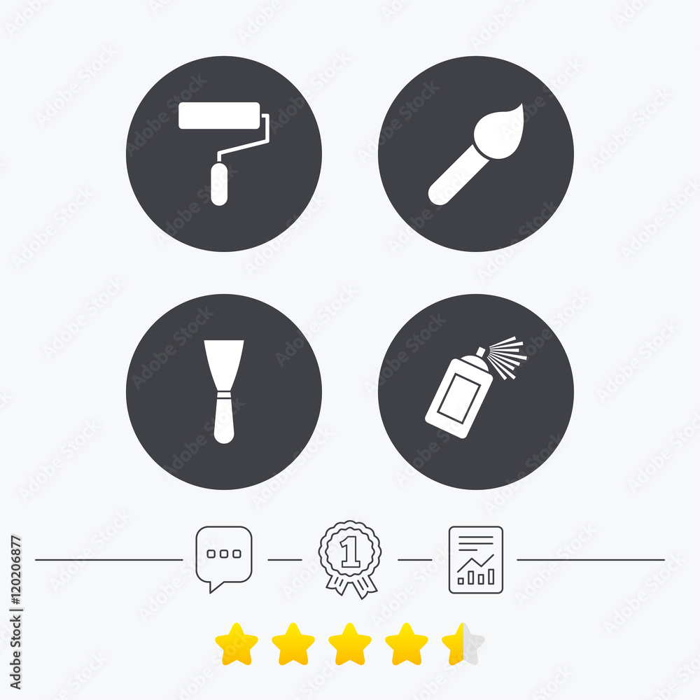 Paint roller, brush icon. Spray can and Spatula. Paint roller, brush icon. Spray can and Spatula.