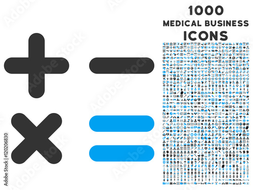 Calculator vector bicolor icon with 1000 medical business icons. Set style is flat pictograms, blue and gray colors, white background. photo