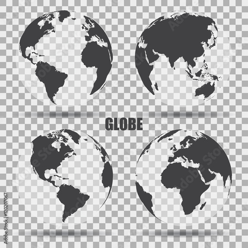 Vector Illustration of gray globe icons with different continents. Transparent background. Realistic shadow. Maps of different countries